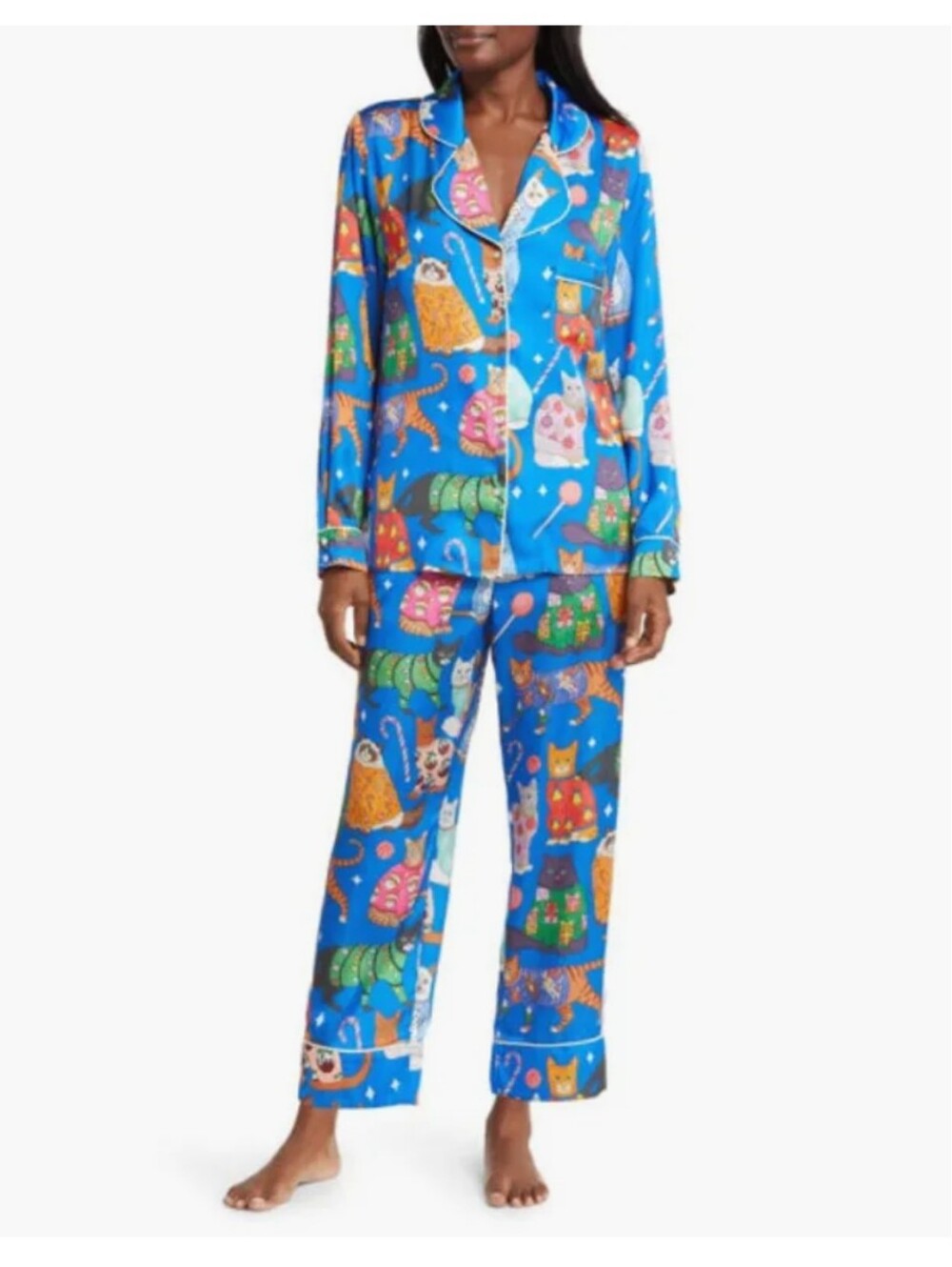 KAREN MABON Blue CHRISTMAS Cat-Print Button-Front Pajama Set In satin EUC